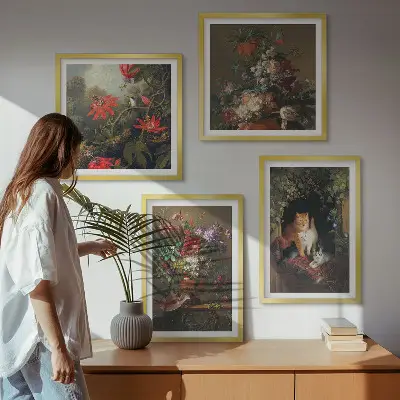 Set de tablouri gata de agățat cu flori vintage, pisici și plante