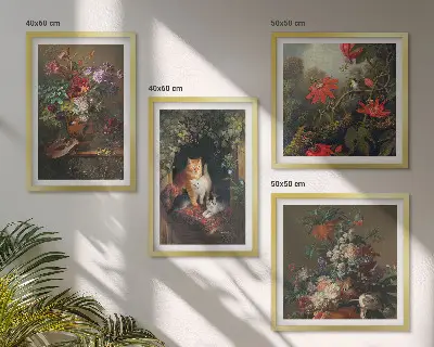 Set de tablouri gata de agățat cu flori vintage, pisici și plante