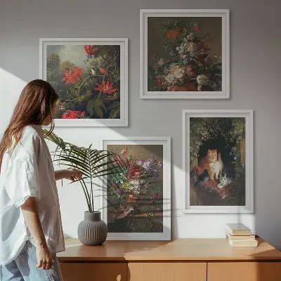 Set de tablouri gata de agățat cu flori vintage, pisici și plante