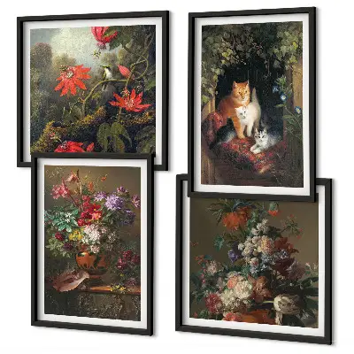 Set de tablouri gata de agățat cu flori vintage, pisici și plante