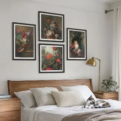 Set de tablouri gata de agățat cu flori vintage, pisici și plante