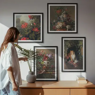 Set de tablouri gata de agățat cu flori vintage, pisici și plante
