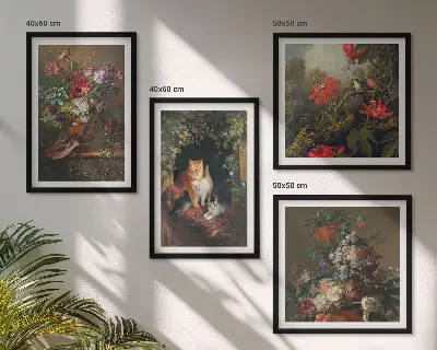 Set de tablouri gata de agățat cu flori vintage, pisici și plante