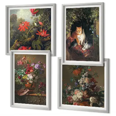 Set de tablouri gata de agățat cu flori vintage, pisici și plante