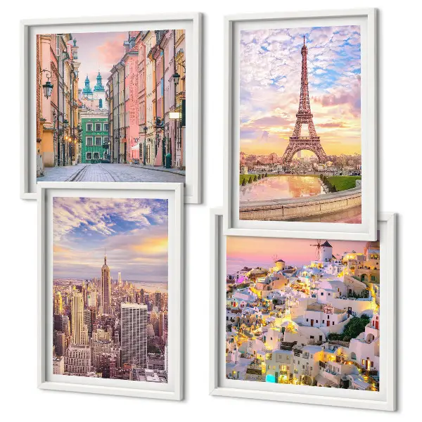 Compoziție de tablouri pentru perete cu peisaje urbane din New York, Paris, Oia și Varșovia la amurg