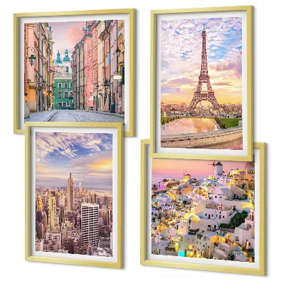 Compoziție de tablouri pentru perete cu peisaje urbane din New York, Paris, Oia și Varșovia la amurg