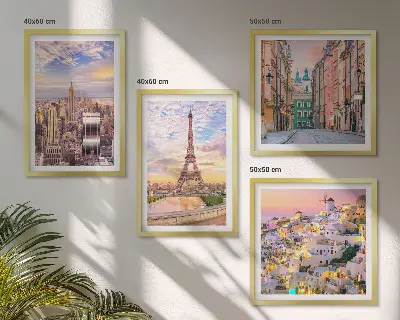 Compoziție de tablouri pentru perete cu peisaje urbane din New York, Paris, Oia și Varșovia la amurg