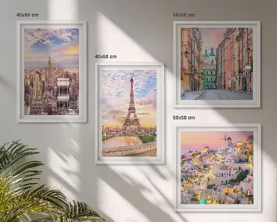 Compoziție de tablouri pentru perete cu peisaje urbane din New York, Paris, Oia și Varșovia la amurg