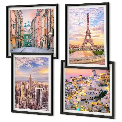 Compoziție de tablouri pentru perete cu peisaje urbane din New York, Paris, Oia și Varșovia la amurg