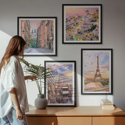 Compoziție de tablouri pentru perete cu peisaje urbane din New York, Paris, Oia și Varșovia la amurg