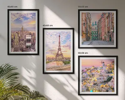 Compoziție de tablouri pentru perete cu peisaje urbane din New York, Paris, Oia și Varșovia la amurg