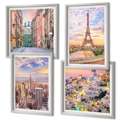 Compoziție de tablouri pentru perete cu peisaje urbane din New York, Paris, Oia și Varșovia la amurg