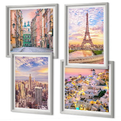 Compoziție de tablouri pentru perete New York Paris Oia Varșovia amurg