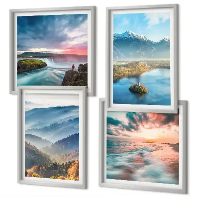 Compoziție de tablouri pentru perete cu peisaje montane și cascade