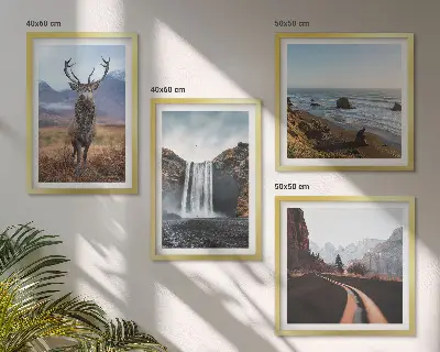 Compoziție de tablouri pentru perete cu peisaje montane, cascade și plaje cu cerbi