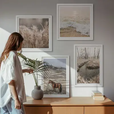Compoziție de tablouri pentru perete cu peisaj de cai, iarbă de mare și pădure
