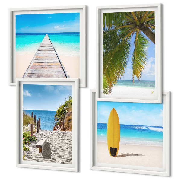 Compoziție de tablouri pentru perete Vederi de vacanță pe plajă, palmieri
