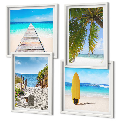 Compoziție de tablouri pentru perete Vederi de vacanță pe plajă, palmieri