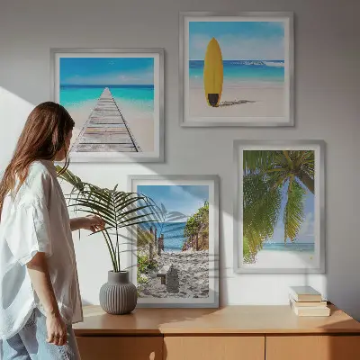 Compoziție de tablouri pentru perete vederi de vacanță pe plajă cu palmieri