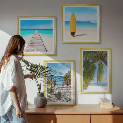 Compoziție de tablouri pentru perete vederi de vacanță pe plajă cu palmieri