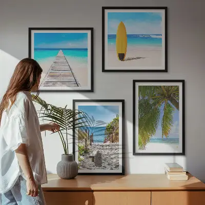 Compoziție de tablouri pentru perete vederi de vacanță pe plajă cu palmieri
