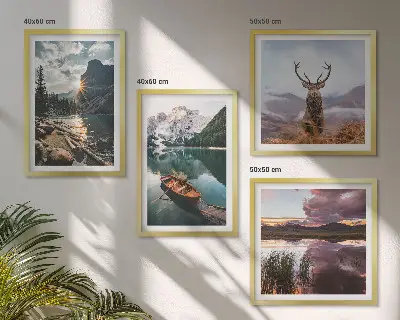 Compoziție de tablouri pentru perete lac de munte cu barcă și cerb la apus