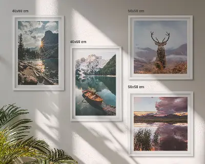 Compoziție de tablouri pentru perete lac de munte cu barcă și cerb la apus