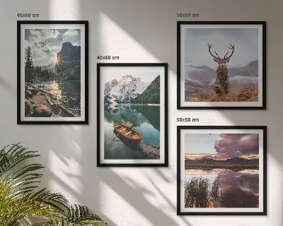Compoziție de tablouri pentru perete lac de munte cu barcă și cerb la apus
