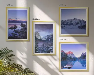 Compoziție de tablouri pentru perete cu peisaje montane la apus de soare peste apă