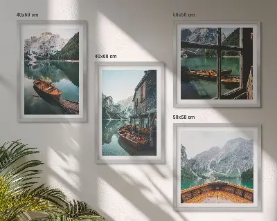 Set tablouri gata de agățat peisaj cu casă pe malul lacului de munte