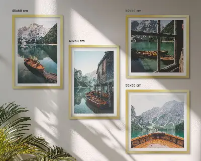 Set tablouri gata de agățat peisaj cu casă pe malul lacului de munte