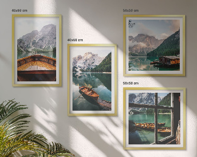 Compoziție de tablouri pentru perete Lac, munți, bărci, cabană, fereastră