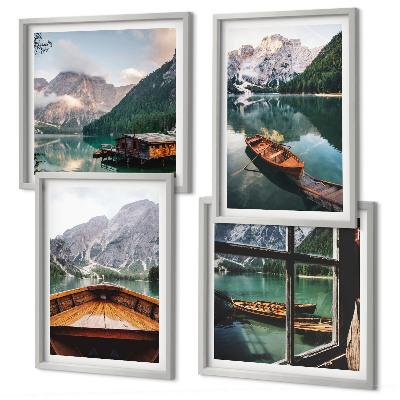 Compoziție de tablouri pentru perete Lac, munți, bărci, cabană, fereastră