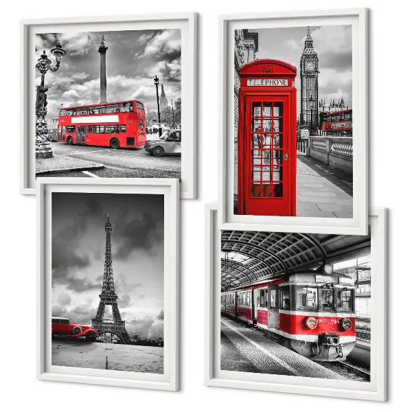 Set tablouri gata de agățat cu grafica orașelor emblematice Londra și Paris cu cale ferată