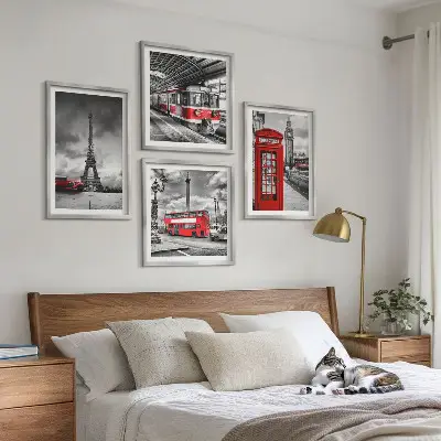 Set tablouri gata de agățat cu grafica orașelor emblematice Londra și Paris cu cale ferată