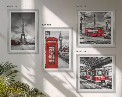 Set tablouri gata de agățat cu grafica orașelor emblematice Londra și Paris cu cale ferată