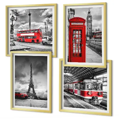 Set tablouri gata de agățat cu grafica orașelor emblematice Londra și Paris cu cale ferată