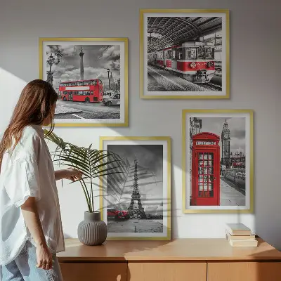 Set tablouri gata de agățat cu grafica orașelor emblematice Londra și Paris cu cale ferată