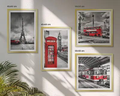 Set tablouri gata de agățat cu grafica orașelor emblematice Londra și Paris cu cale ferată