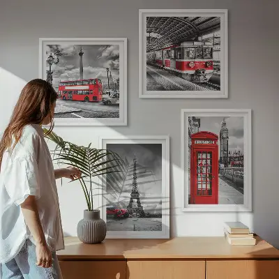 Set tablouri gata de agățat cu grafica orașelor emblematice Londra și Paris cu cale ferată