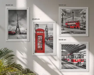 Set tablouri gata de agățat cu grafica orașelor emblematice Londra și Paris cu cale ferată
