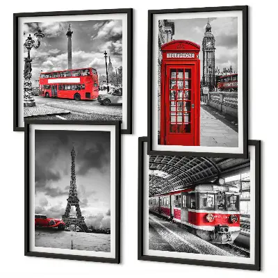 Set tablouri gata de agățat cu grafica orașelor emblematice Londra și Paris cu cale ferată