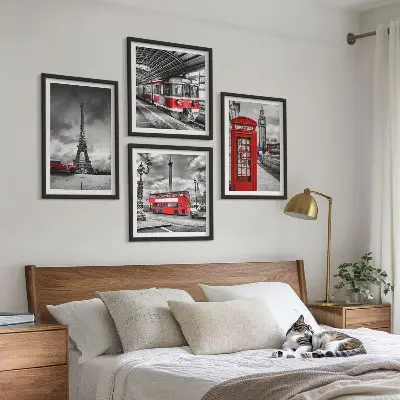 Set tablouri gata de agățat cu grafica orașelor emblematice Londra și Paris cu cale ferată