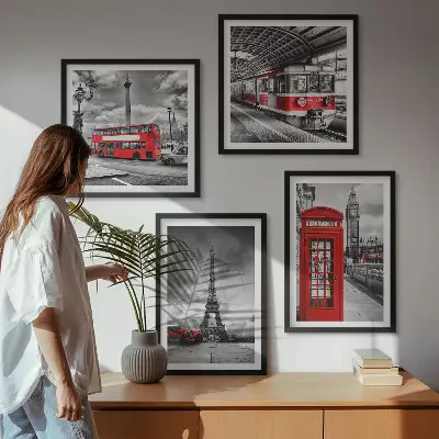 Set tablouri gata de agățat cu grafica orașelor emblematice Londra și Paris cu cale ferată