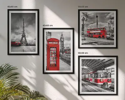 Set tablouri gata de agățat cu grafica orașelor emblematice Londra și Paris cu cale ferată