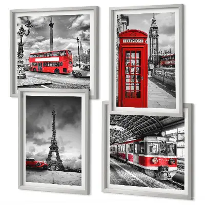 Set tablouri gata de agățat cu grafica orașelor emblematice Londra și Paris cu cale ferată