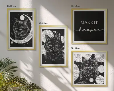 Compoziție de tablouri pentru perete cu grafica Planeta Lună a Pisicilor Negre