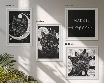 Compoziție de tablouri pentru perete cu grafica Planeta Lună a Pisicilor Negre