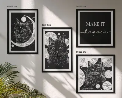 Compoziție de tablouri pentru perete cu grafica Planeta Lună a Pisicilor Negre