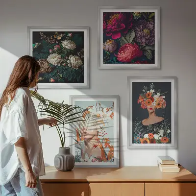 Compoziție de tablouri pentru perete cu portrete florale, buchete și frunze